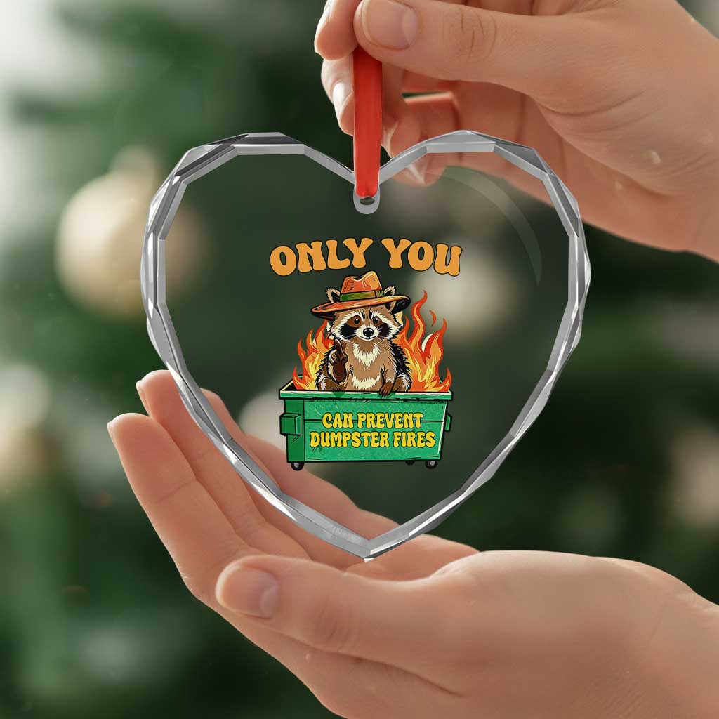 Only You Can Prevent Dumpster Fires Funny Raccoon Heart Crystal Glass Ornament Sarcastic Chaos Humor Holiday Gag Gift TS02 Print Your Wear