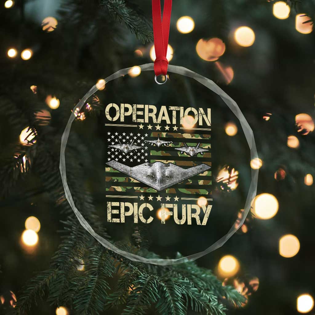 Operation Epic Fury Camo American Flag Crystal Glass Ornament B12 Spirit Stealth Bomber Formation Patriotic Air Power TS02 Print Your Wear