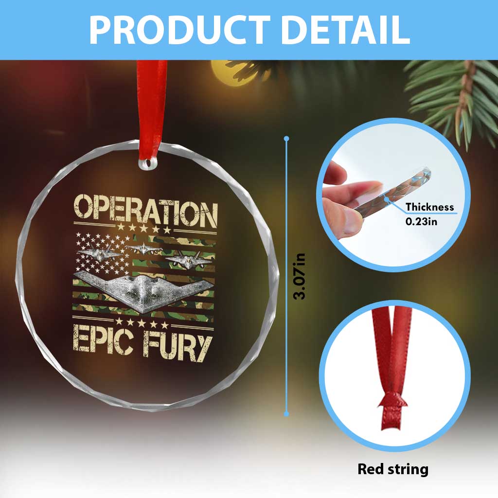 Operation Epic Fury Camo American Flag Crystal Glass Ornament B12 Spirit Stealth Bomber Formation Patriotic Air Power TS02 Print Your Wear
