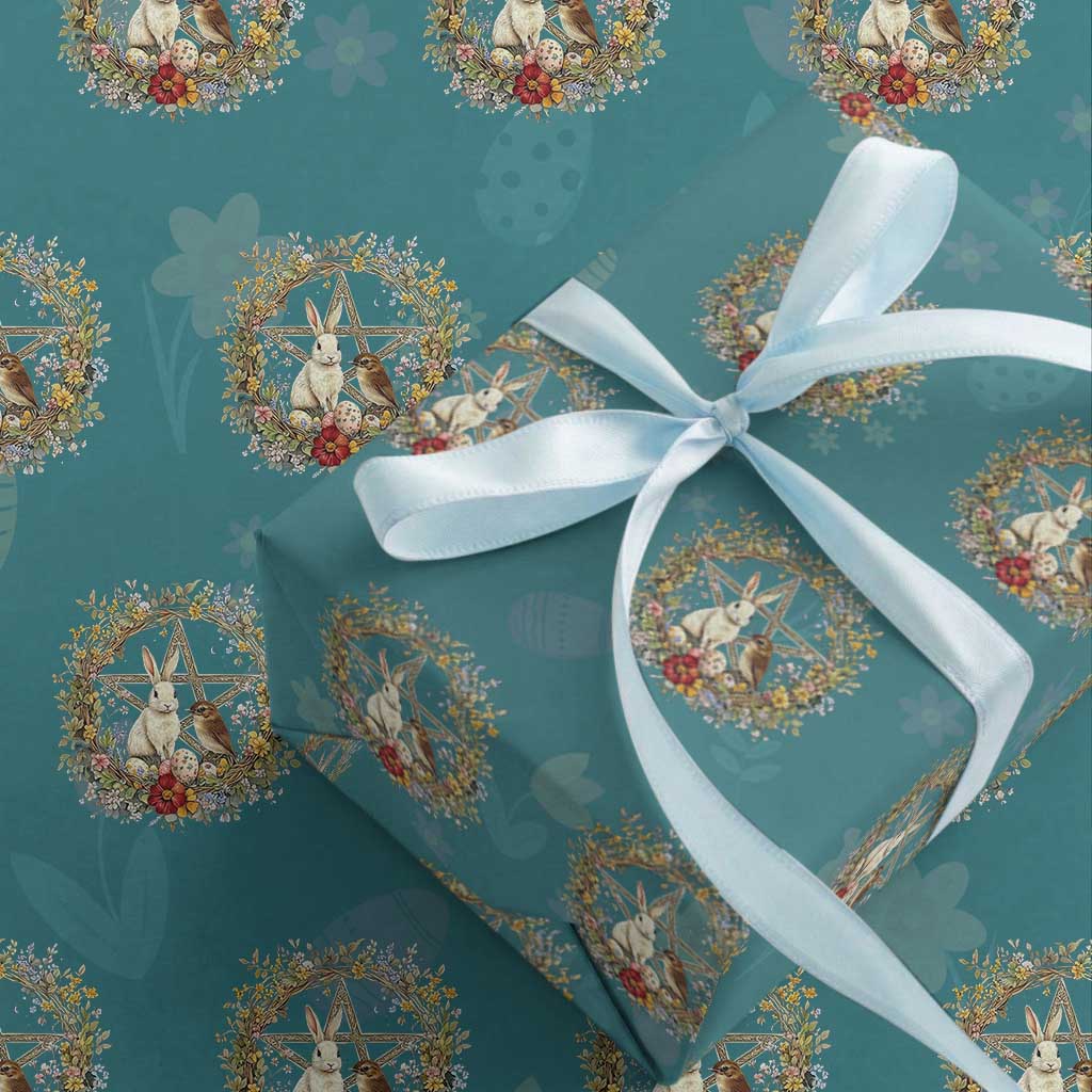 Ostara Blessing Pagan Eostre Easter Day Wrapping Paper Roll Rabbit Bird Wiccan Pentagram TS11 Teal Print Your Wear