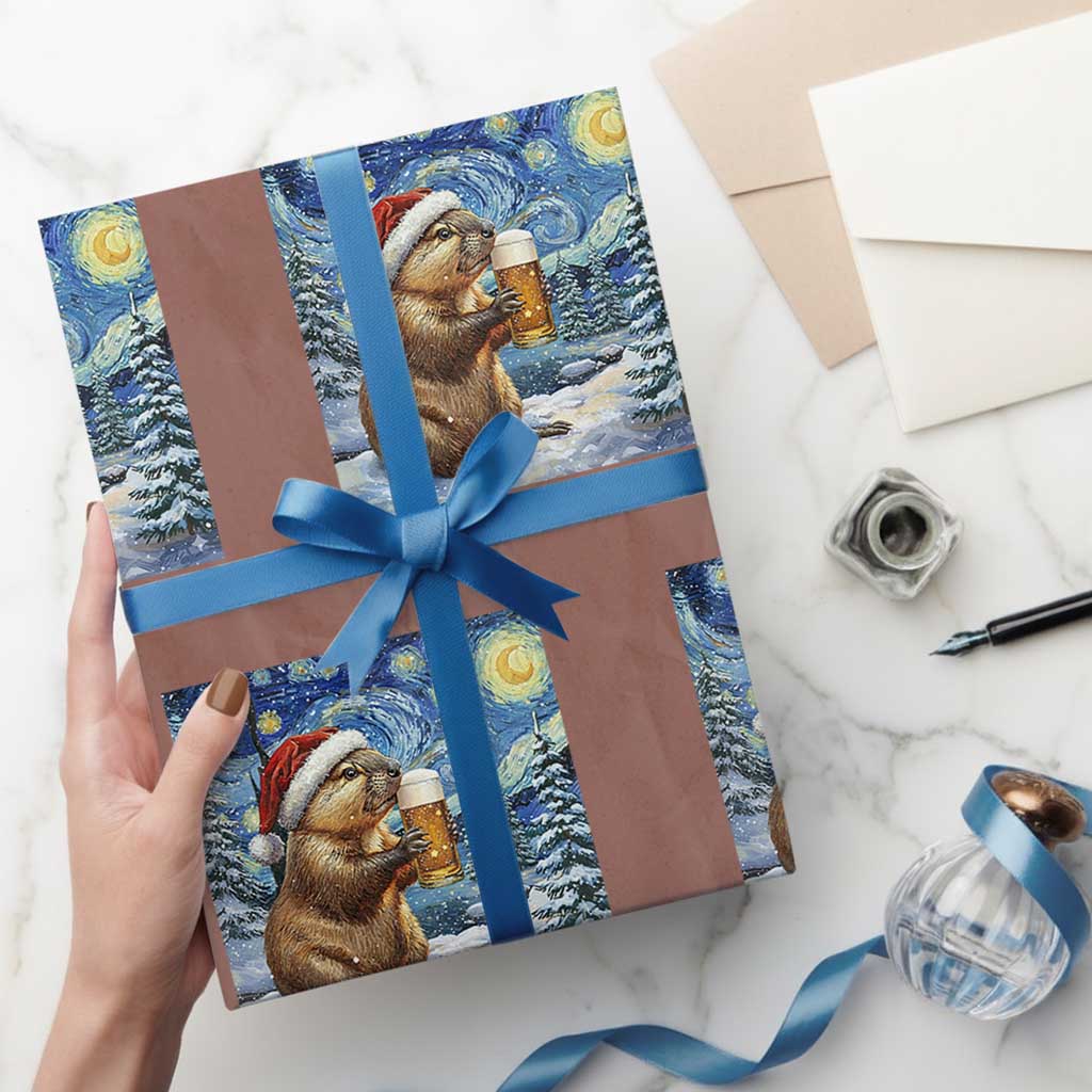 Otter Beer Xmas Wrapping Paper Roll Starry Night Van Gogh TS14 Mocha Print Your Wear