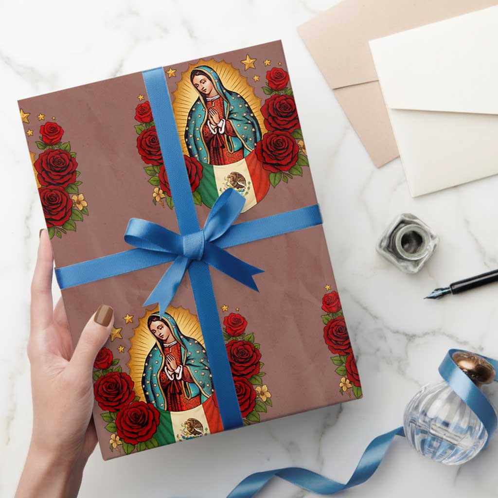 Our Lady of Guadalupe Mexican Flag Wrapping Paper Roll TS14 Mocha Print Your Wear