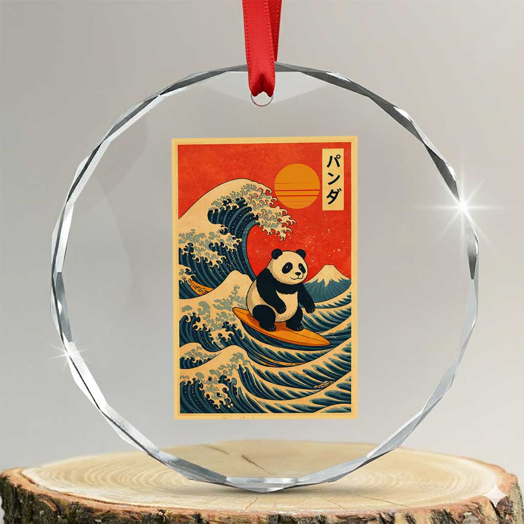 Panda Surfing Japanese Crystal Glass Ornament Vintage Great Wave Off Kanagawa Anime Kawaii TS10 Transparent Glass 3'' Circle Print Your Wear