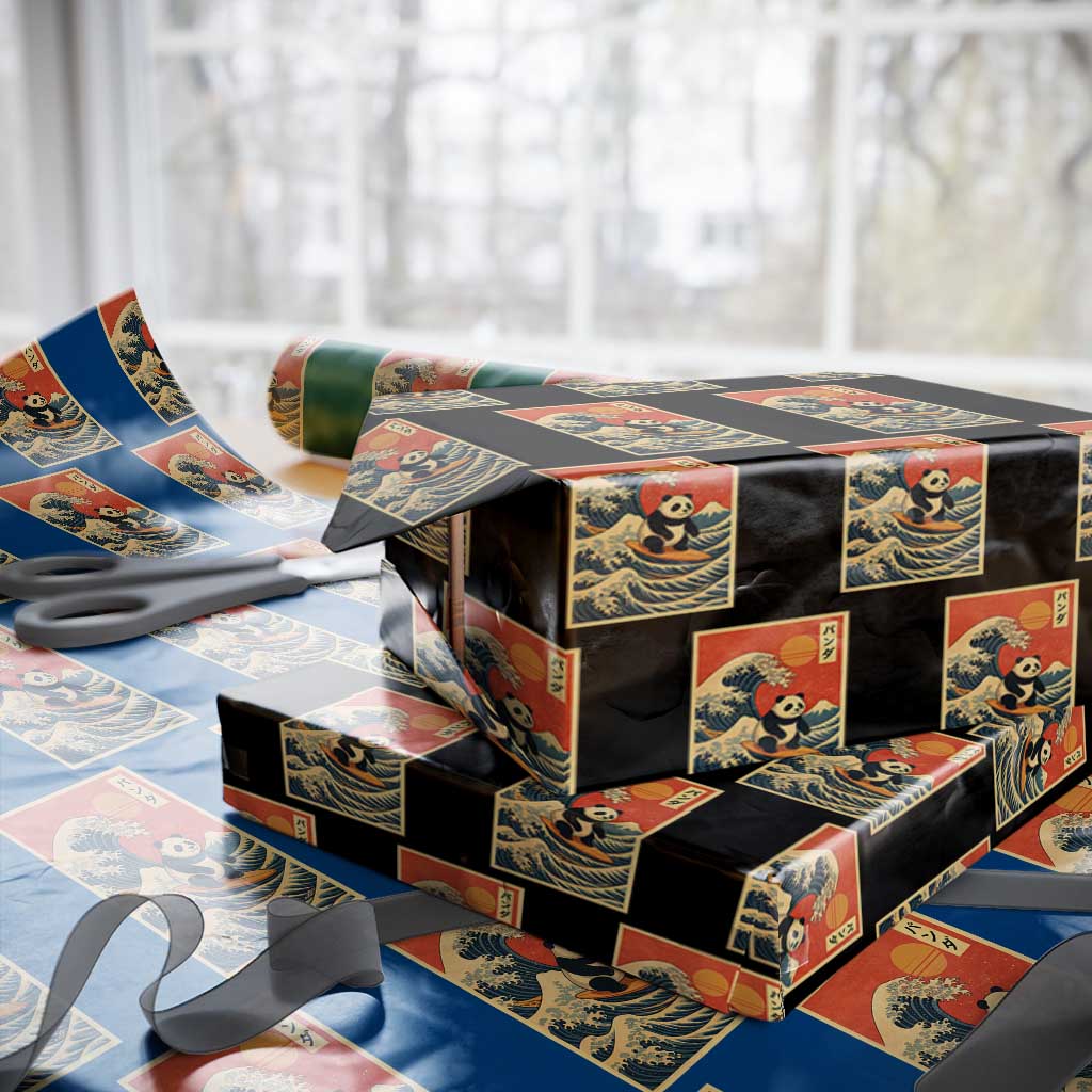 Panda Surfing Japanese Wrapping Paper Roll Vintage Great Wave Off Kanagawa Anime Kawaii TS10 Black Print Your Wear