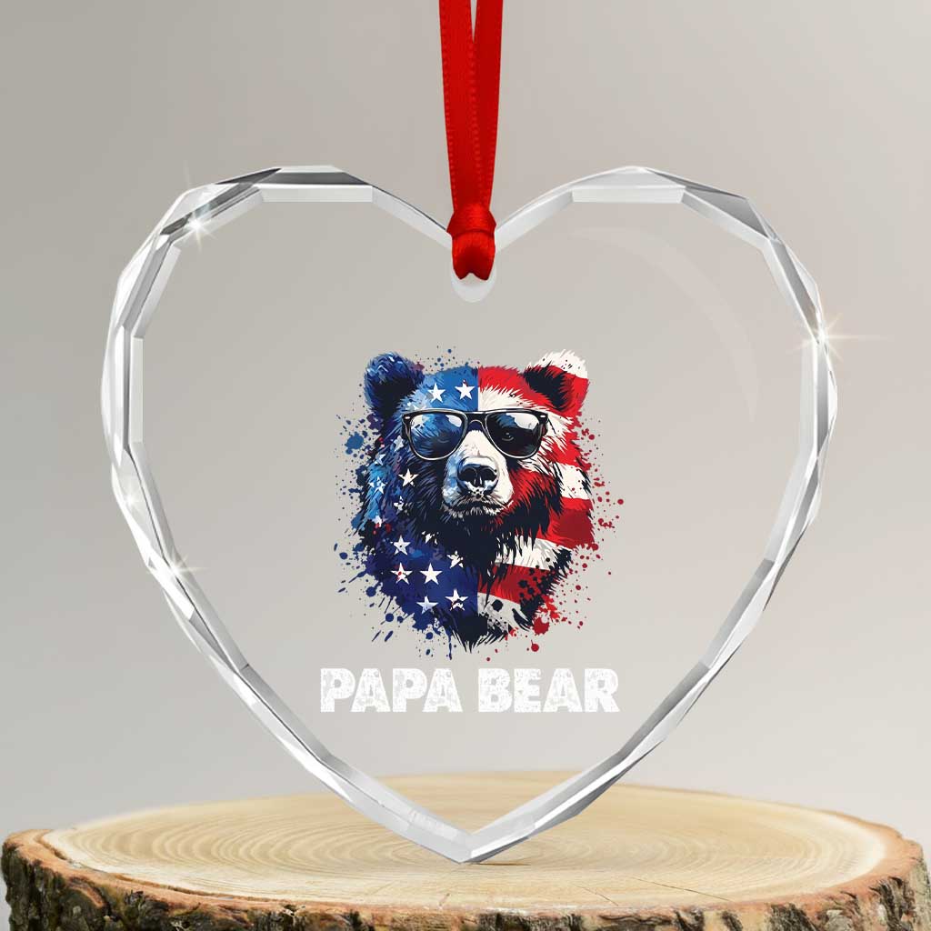 Papa Bear Father's Day Heart Crystal Glass Ornament Patriotic American Flag 4th Of July