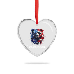 Papa Bear Father's Day Heart Crystal Glass Ornament Patriotic American Flag 4th Of July