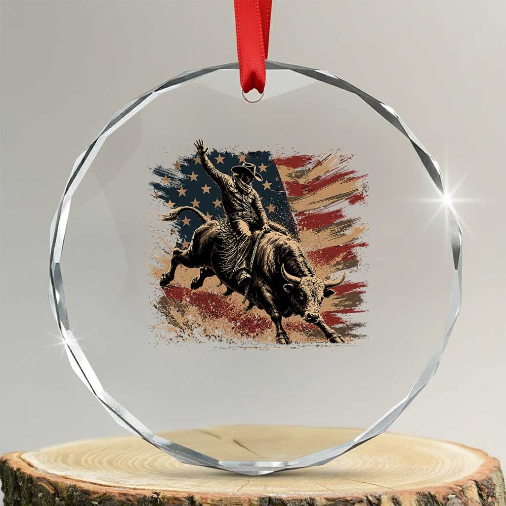 Patiotic Bull Rider Vintage Bull Riding Cowboy American Flag Crystal Glass Ornament TS11 Transparent Glass 3'' Circle Print Your Wear