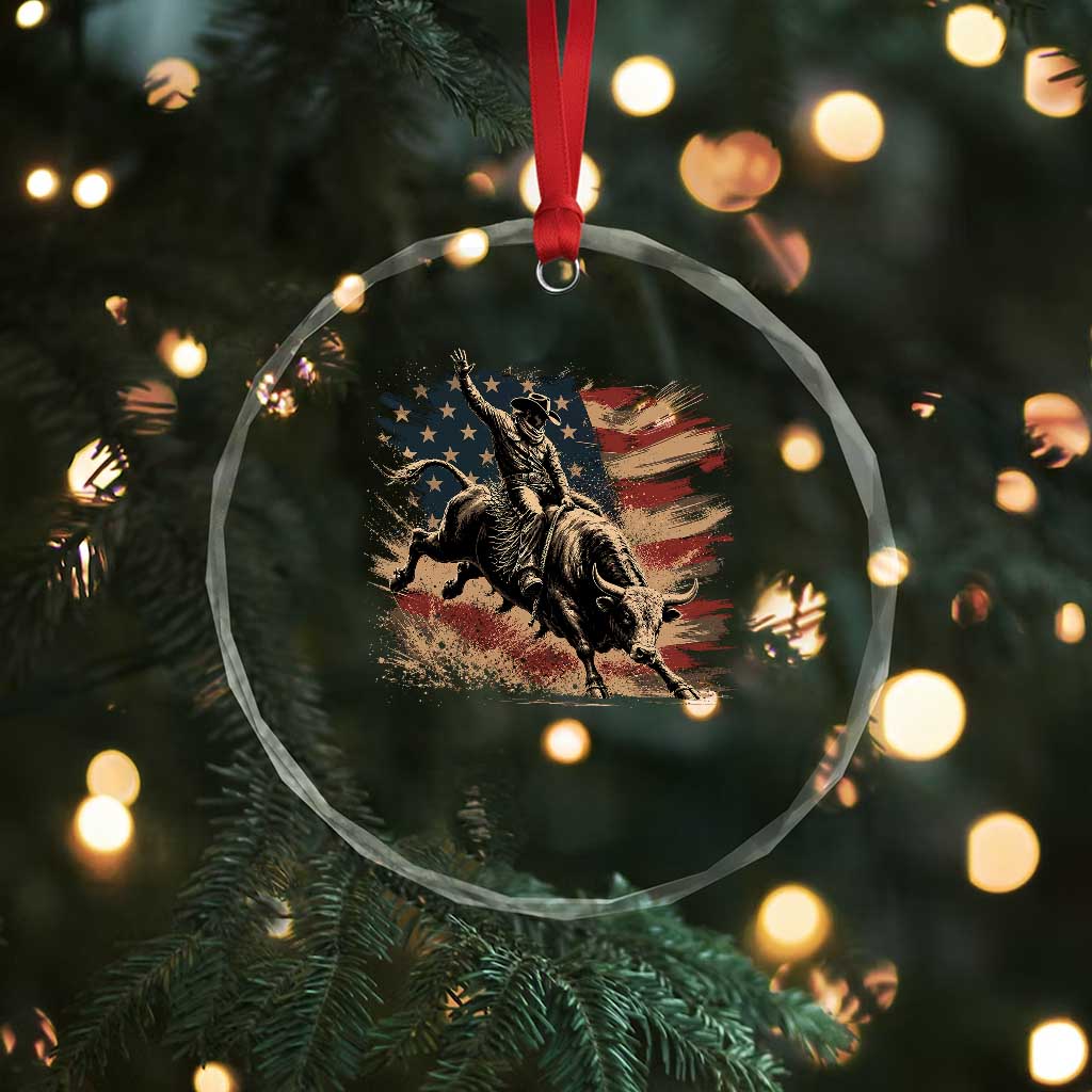 Patiotic Bull Rider Vintage Bull Riding Cowboy American Flag Crystal Glass Ornament