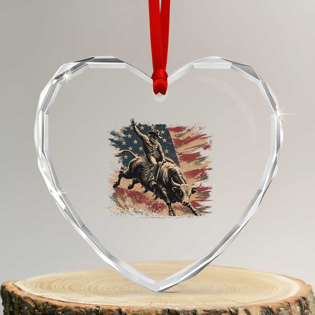 Patiotic Bull Rider Vintage Bull Riding Cowboy American Flag Heart Crystal Glass Ornament TS11 Transparent Glass 3'' Heart Print Your Wear