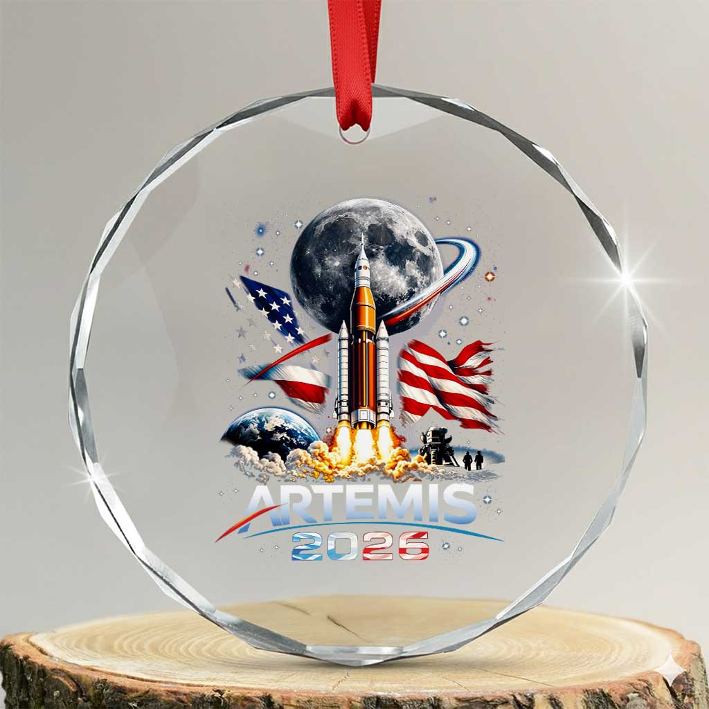 Patriotic 2026 Lunar Orbit Mission Rocket Launch Crystal Glass Ornament American Flag n Moon Patriotic Space Astronomy Enthusiasts TS02 Transparent Glass 3'' Circle Print Your Wear