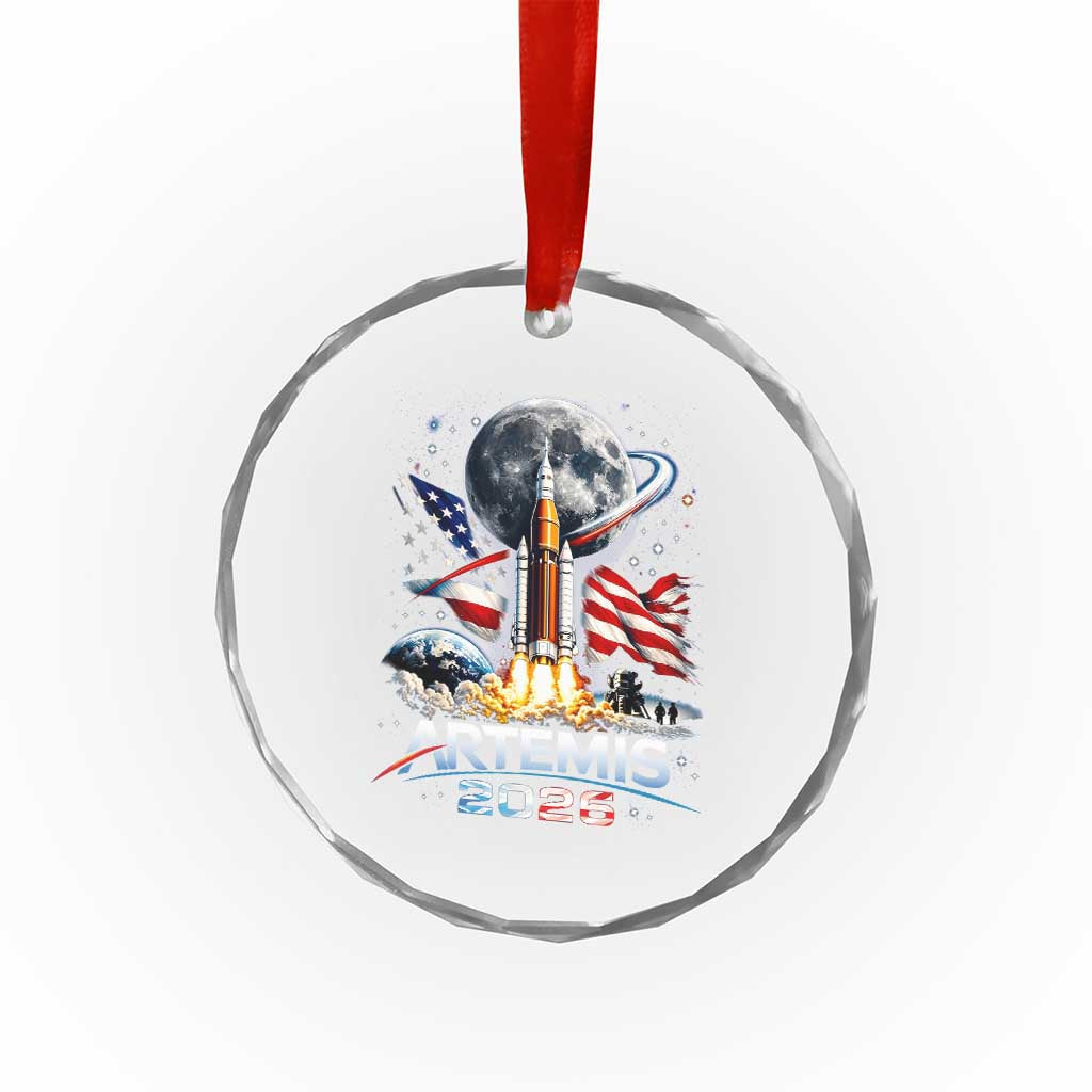 Patriotic 2026 Lunar Orbit Mission Rocket Launch Crystal Glass Ornament American Flag n Moon Patriotic Space Astronomy Enthusiasts TS02 Print Your Wear