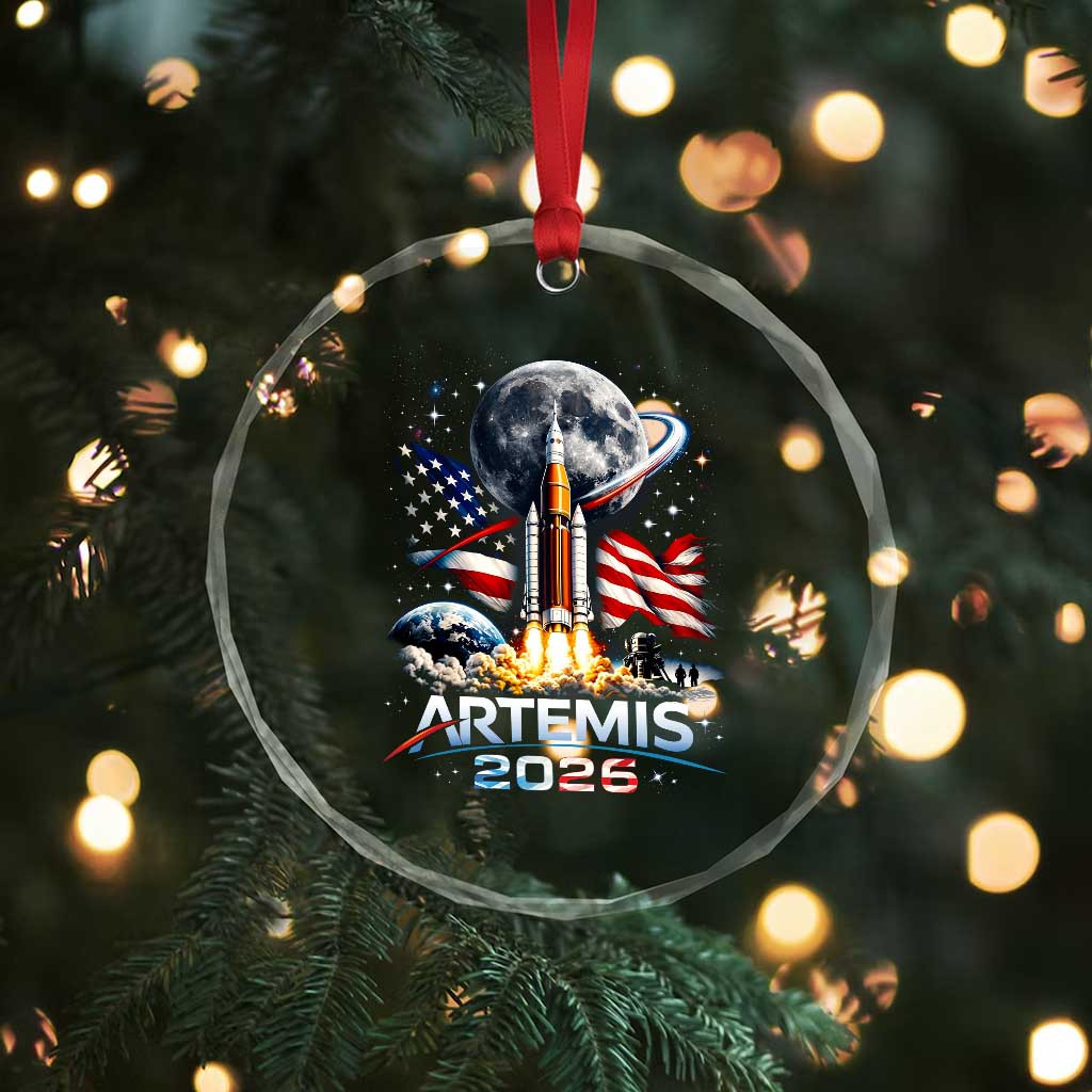 Patriotic 2026 Lunar Orbit Mission Rocket Launch Crystal Glass Ornament American Flag n Moon Patriotic Space Astronomy Enthusiasts TS02 Print Your Wear