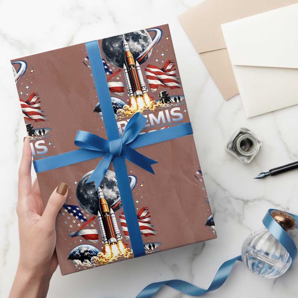 Patriotic 2026 Lunar Orbit Mission Rocket Launch Wrapping Paper Roll American Flag n Moon Patriotic Space Astronomy Enthusiasts TS02 Mocha Print Your Wear