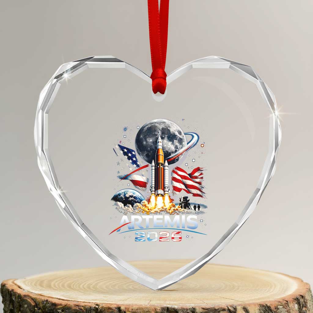 Patriotic 2026 Lunar Orbit Mission Rocket Launch Heart Crystal Glass Ornament American Flag n Moon Patriotic Space Astronomy Enthusiasts TS02 Transparent Glass 3'' Heart Print Your Wear
