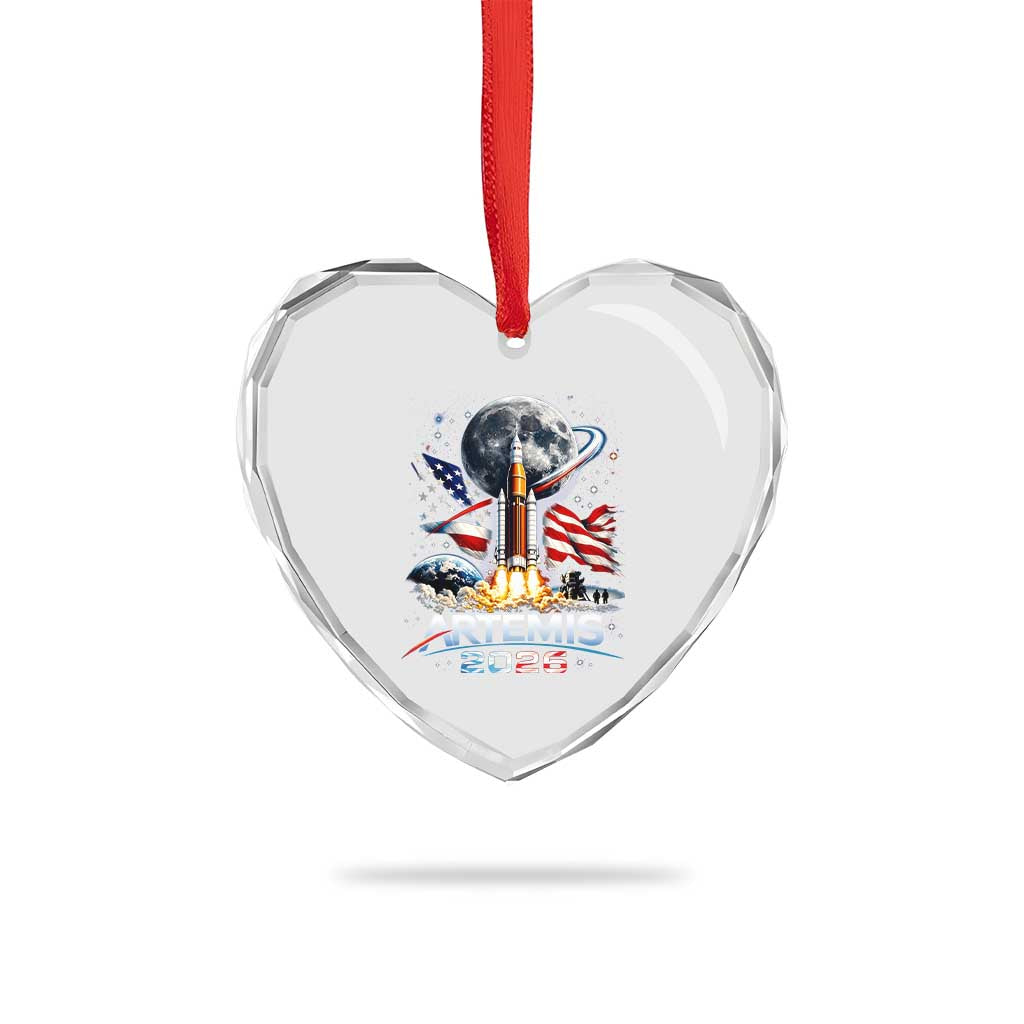 Patriotic 2026 Lunar Orbit Mission Rocket Launch Heart Crystal Glass Ornament American Flag n Moon Patriotic Space Astronomy Enthusiasts TS02 Print Your Wear