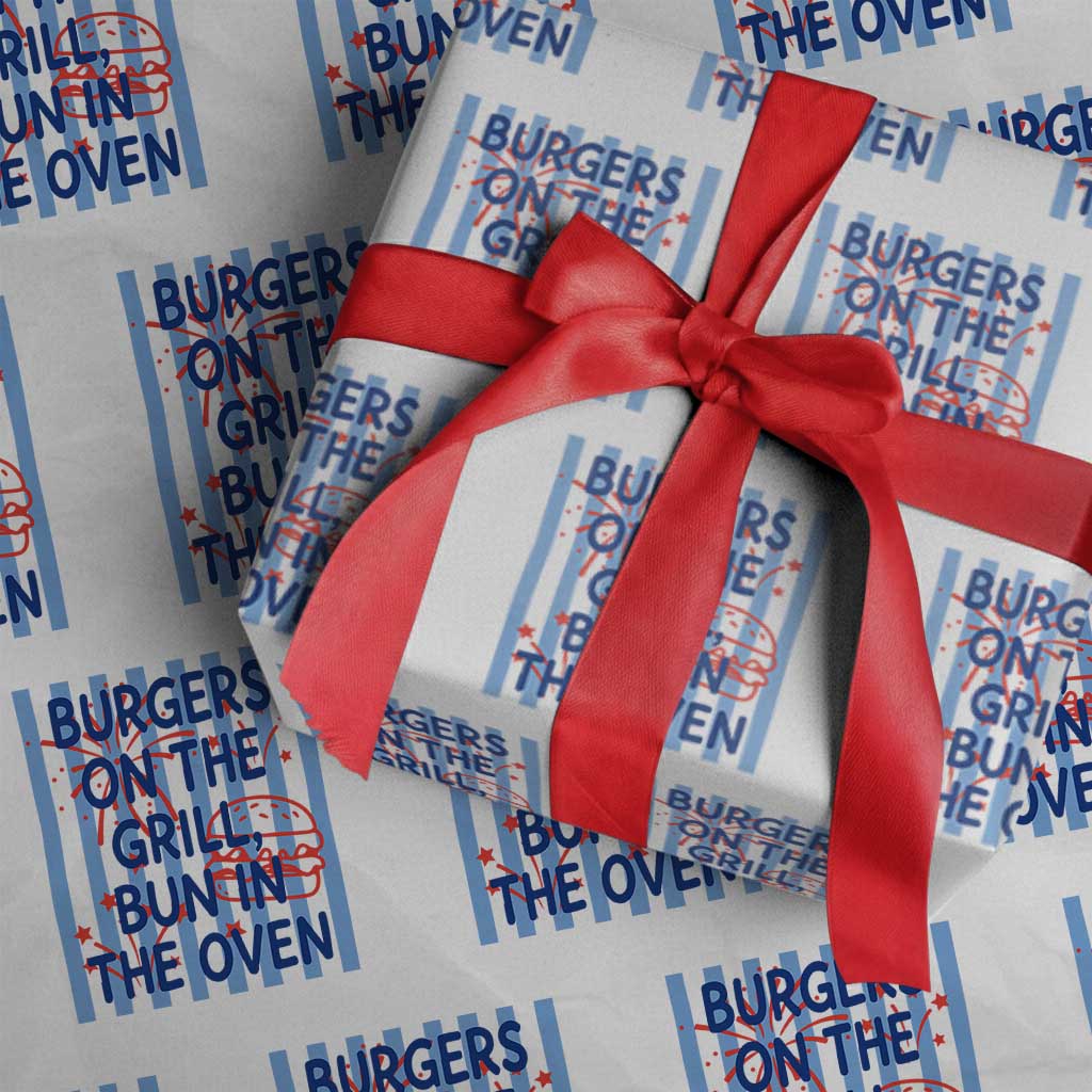 Patriotic 4th of July Pregnancy Announcement Preppy Style Wrapping Paper Roll Burgers On The Grill Bun In The Oven Summer BBQ TS02 White Print Your Wear