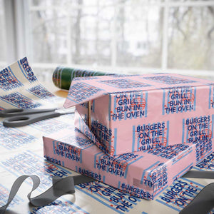 Patriotic 4th of July Pregnancy Announcement Preppy Style Wrapping Paper Roll Burgers On The Grill Bun In The Oven Summer BBQ