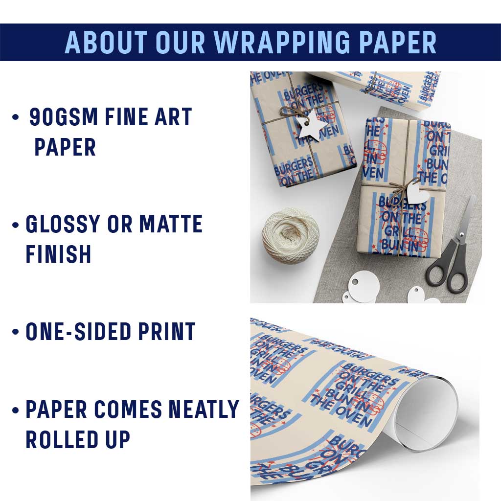 Patriotic 4th of July Pregnancy Announcement Preppy Style Wrapping Paper Roll Burgers On The Grill Bun In The Oven Summer BBQ