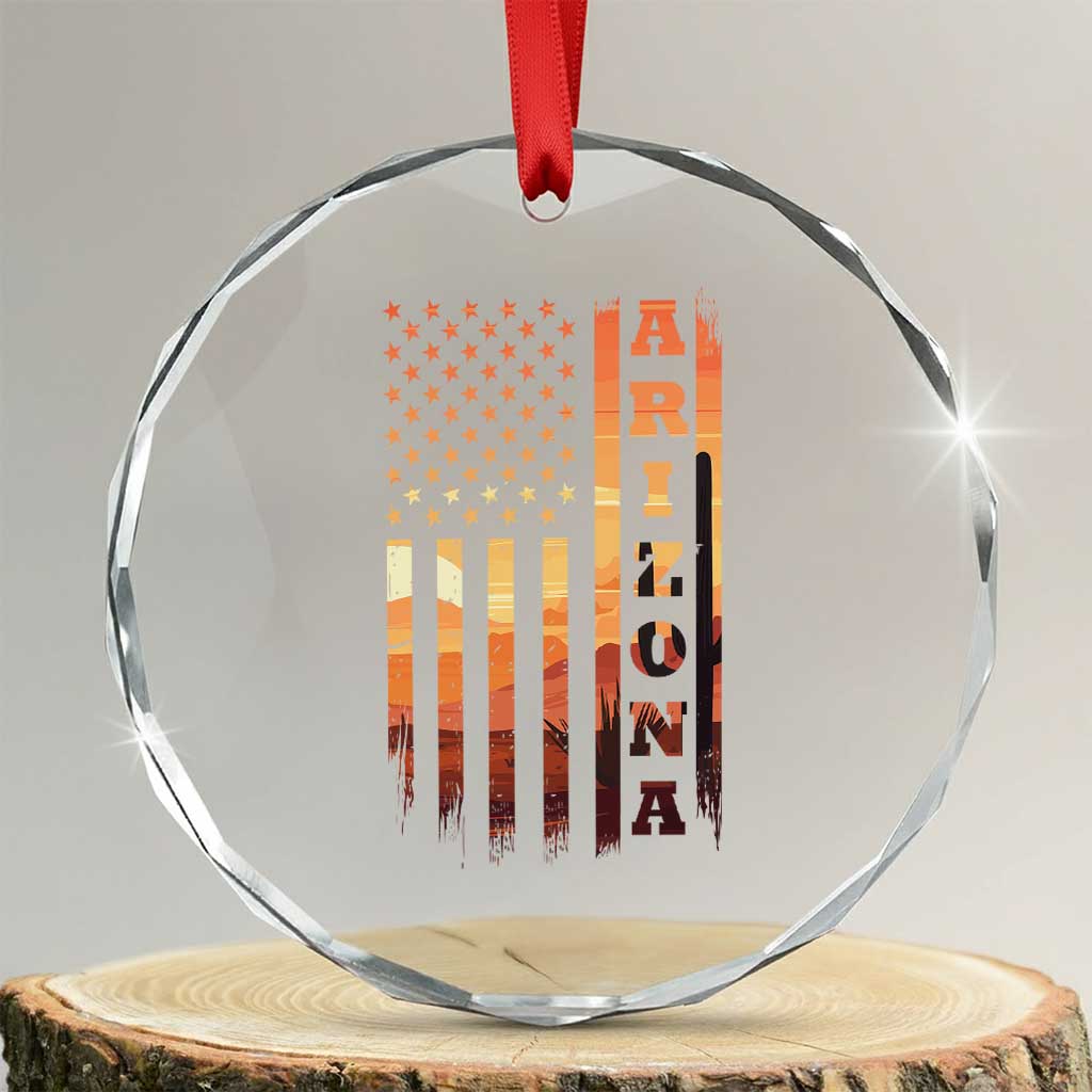 Patriotic Arizona Flag Sunset Graphic Crystal Glass Ornament American Flag Southwest Desert Saguaro Cactus State Pride Souvenir TS02 Transparent Glass 3'' Circle Print Your Wear