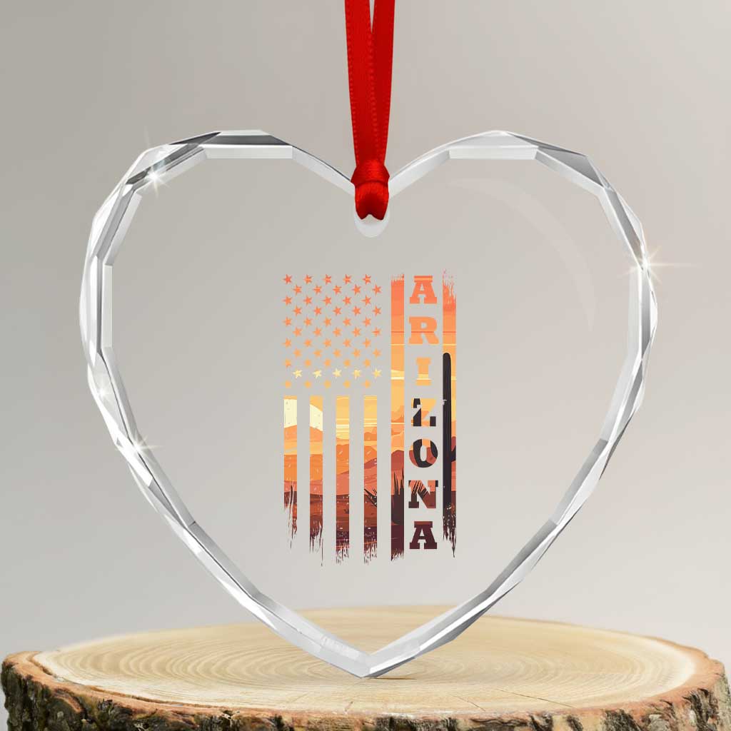 Patriotic Arizona Flag Sunset Graphic Heart Crystal Glass Ornament American Flag Southwest Desert Saguaro Cactus State Pride Souvenir TS02 Transparent Glass 3'' Heart Print Your Wear