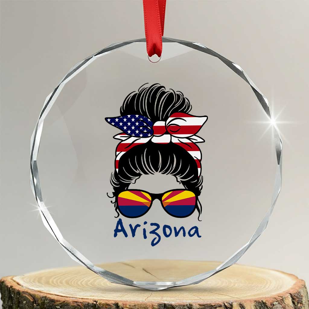 Patriotic Arizona Messy Bun Girl Graphic Crystal Glass Ornament American Flag Sunglasses Southwest State Pride Souvenir TS02 Transparent Glass 3'' Circle Print Your Wear