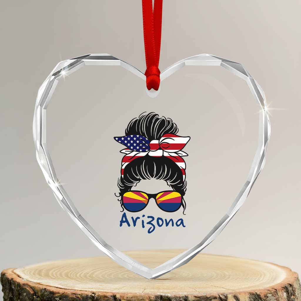 Patriotic Arizona Messy Bun Girl Graphic Heart Crystal Glass Ornament American Flag Sunglasses Southwest State Pride Souvenir TS02 Transparent Glass 3'' Heart Print Your Wear