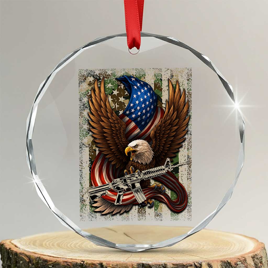 Patriotic Armed Eagle with Camo Flag Crystal Glass Ornament Military Patriotic USA Defense TS02 Transparent Glass 3'' Circle Print Your Wear