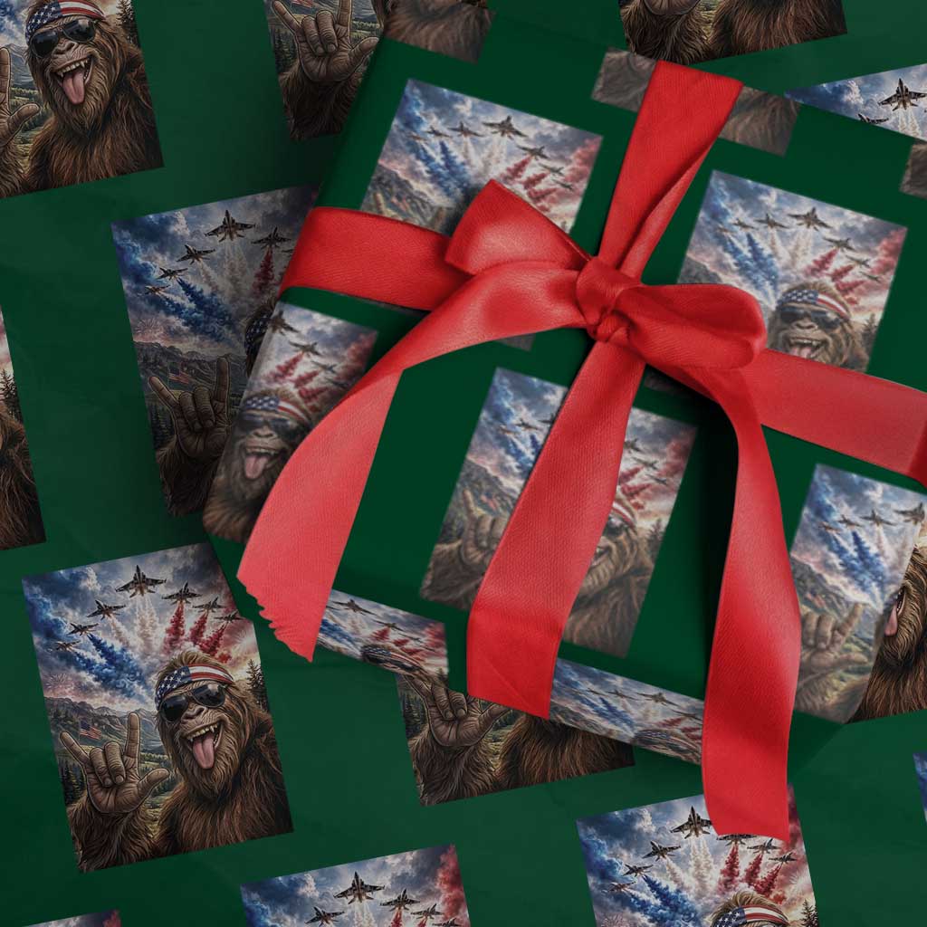Patriotic Bigfoot 4th Of July Selfie Wrapping Paper Roll Funny USA Freedom Jet Fighter Graphic TS12 Green Print Your Wear