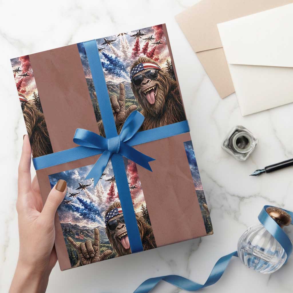 Patriotic Bigfoot 4th Of July Selfie Wrapping Paper Roll Funny USA Freedom Jet Fighter Graphic TS12 Mocha Print Your Wear