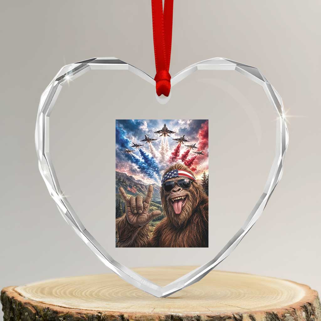 Patriotic Bigfoot 4th Of July Selfie Heart Crystal Glass Ornament Funny USA Freedom Jet Fighter Graphic