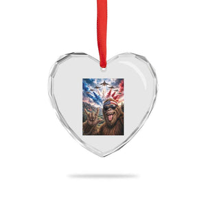 Patriotic Bigfoot 4th Of July Selfie Heart Crystal Glass Ornament Funny USA Freedom Jet Fighter Graphic