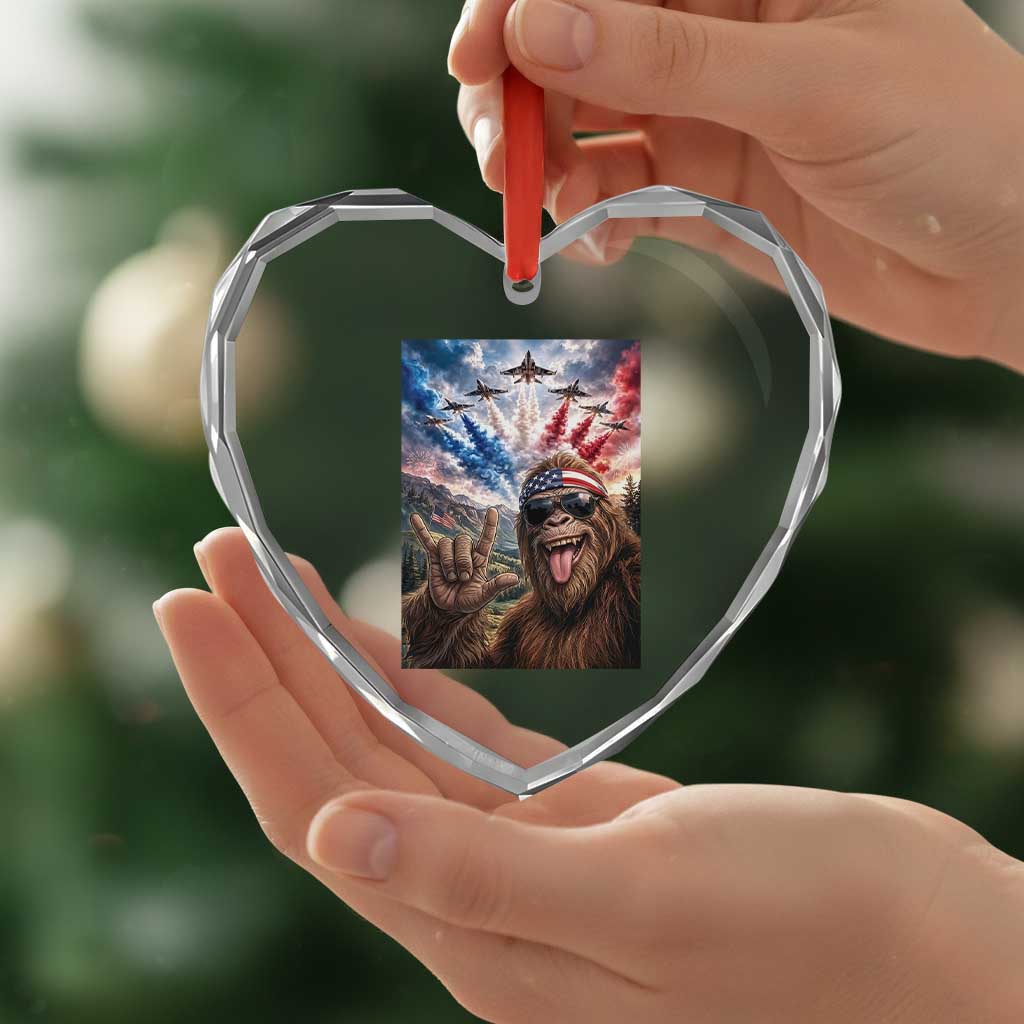 Patriotic Bigfoot 4th Of July Selfie Heart Crystal Glass Ornament Funny USA Freedom Jet Fighter Graphic