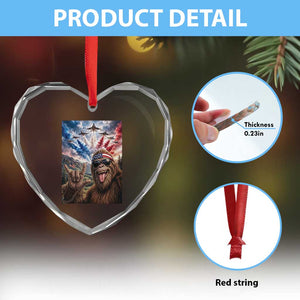 Patriotic Bigfoot 4th Of July Selfie Heart Crystal Glass Ornament Funny USA Freedom Jet Fighter Graphic
