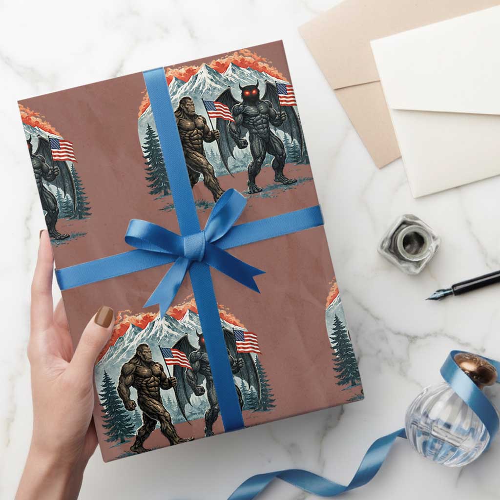 Patriotic Bigfoot And Mothman Wrapping Paper Roll Funny Cryptid Lover Gift TS12 Mocha Print Your Wear