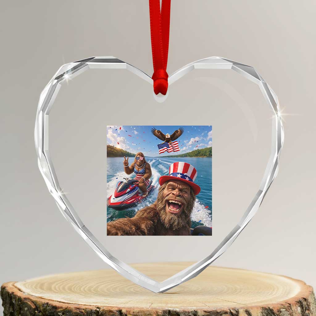 Patriotic Bigfoot Squad Chill Summer Vacation Graphic Heart Crystal Glass Ornament TS12 Transparent Glass 3'' Heart Print Your Wear