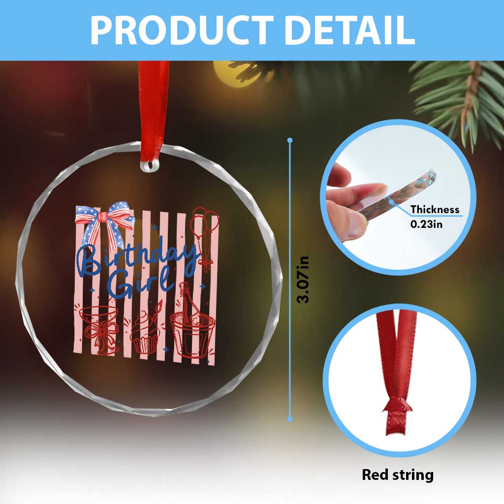 Patriotic Birthday Girl Crystal Glass Ornament Red White And Blue Party Graphic