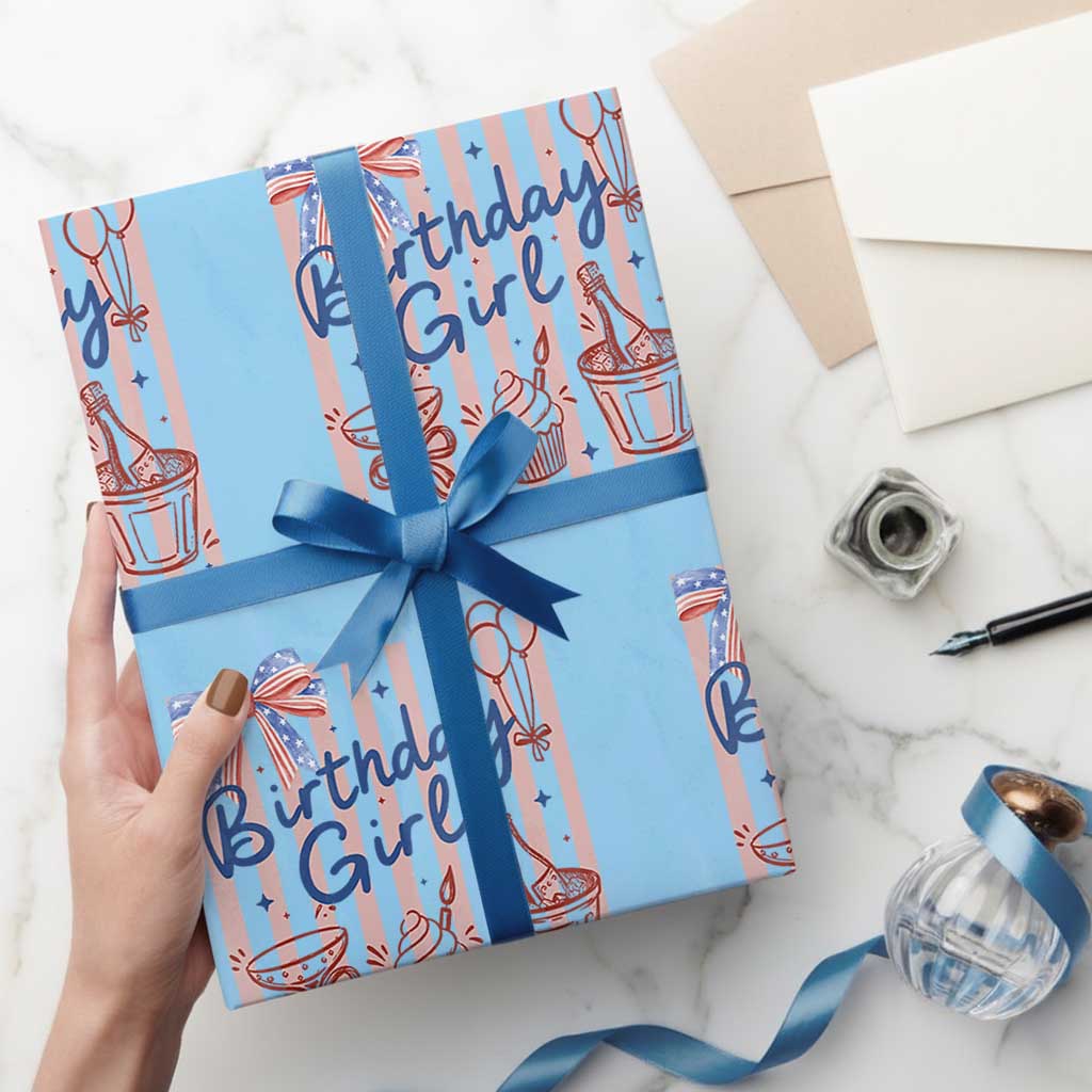 Patriotic Birthday Girl Wrapping Paper Roll Red White And Blue Party Graphic