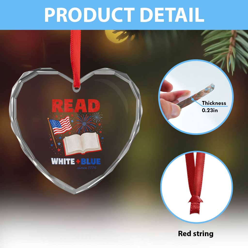 Patriotic Bookish 4th Of July Read White Blue Since 1776 Heart Crystal Glass Ornament TS10 Print Your Wear