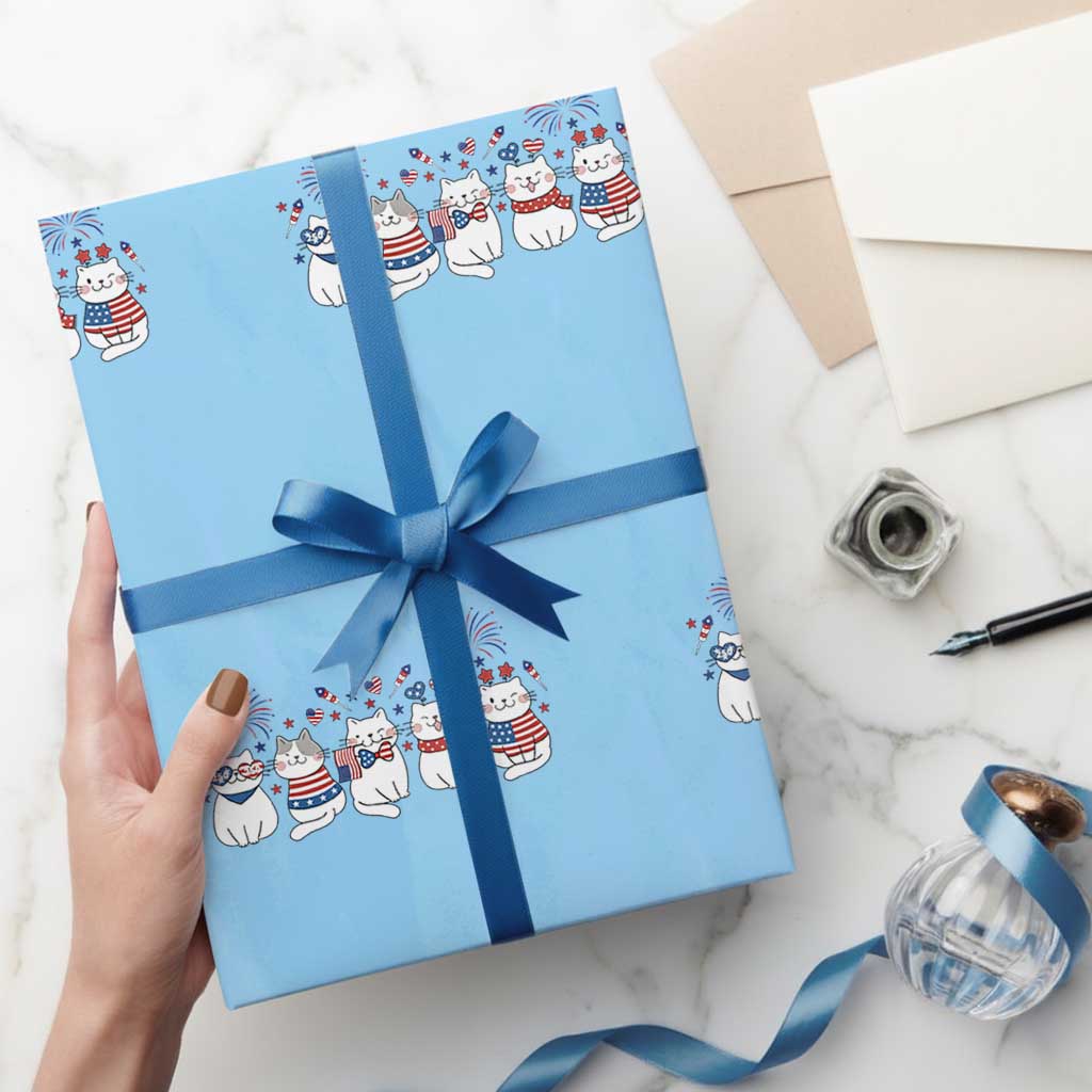 Patriotic Cat Lover Gift Wrapping Paper Roll America 250 Anniversary TS12 Light Blue Print Your Wear