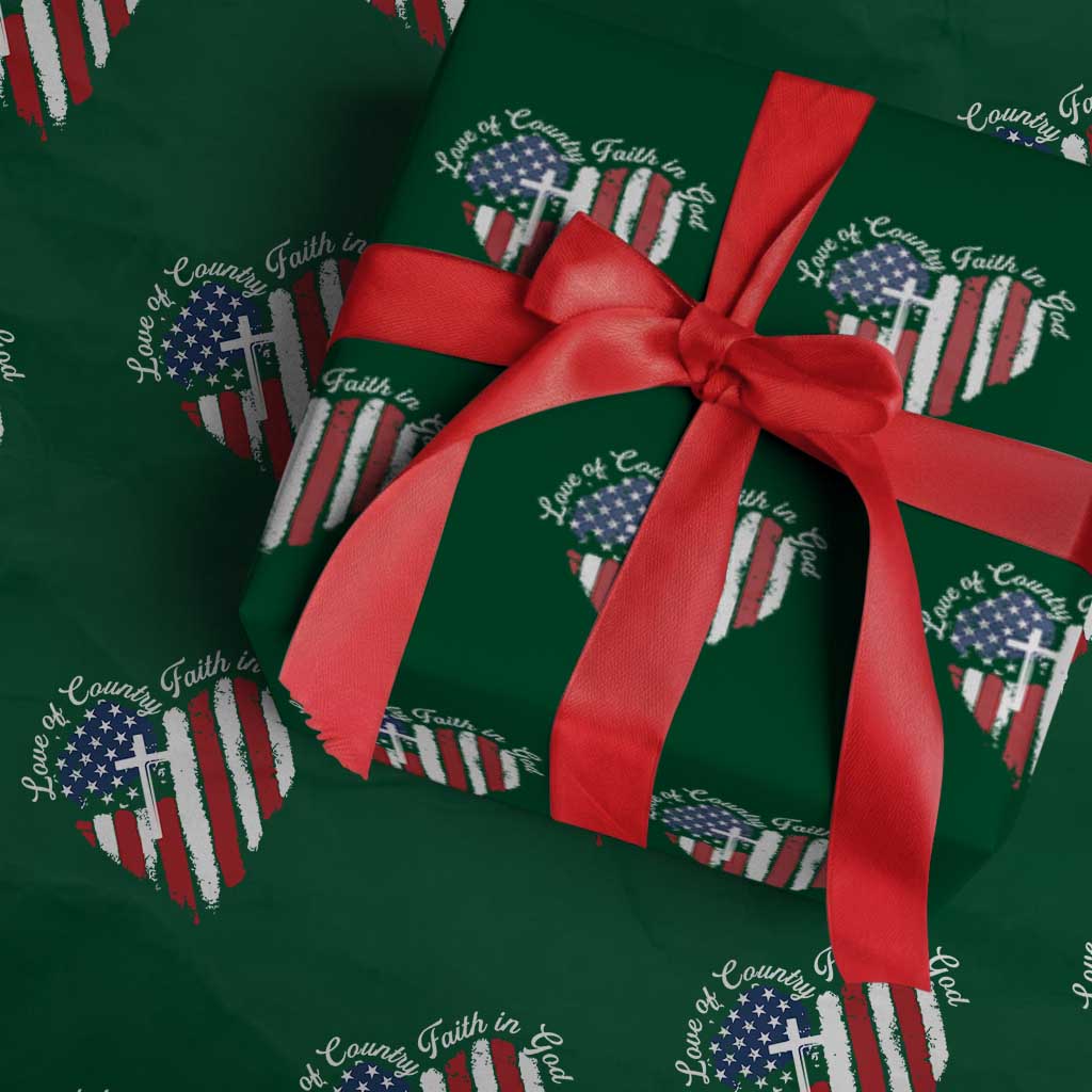 Patriotic Christian Wrapping Paper Roll Faith In God Heart Cross Flag 4th Of July Religious TS10 Green Print Your Wear