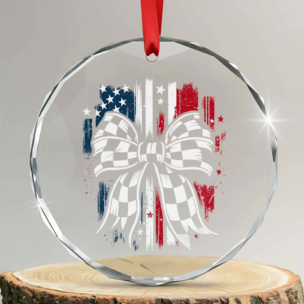 Patriotic Coquette Bow Checkered Flag Race Car Racing Crystal Glass Ornament TS14 Transparent Glass 3'' Circle Print Your Wear