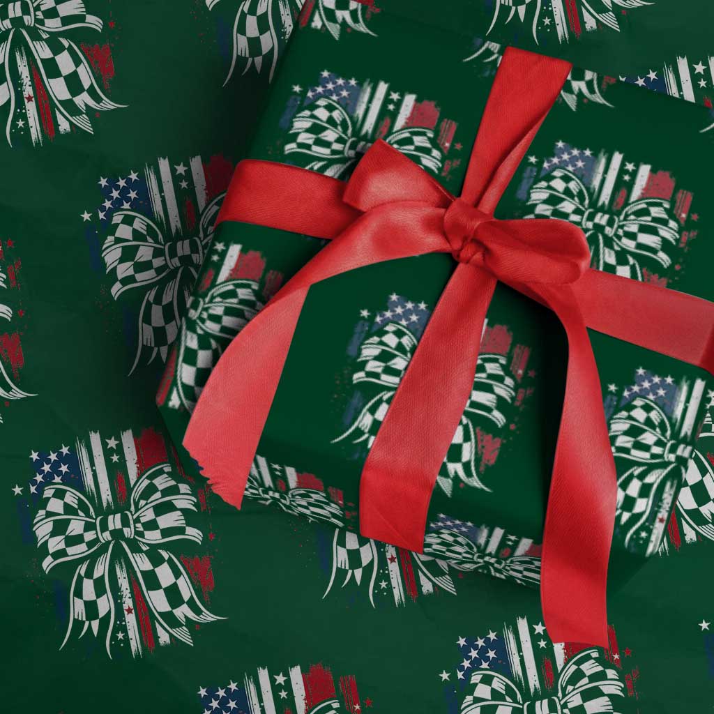 Patriotic Coquette Bow Checkered Flag Race Car Racing Wrapping Paper Roll TS14 Green Print Your Wear