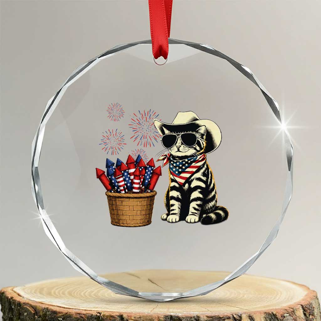 Patriotic Cowboy Cat Crystal Glass Ornament 4th Of July Fireworks Celebration TS12 Transparent Glass 3'' Circle Print Your Wear