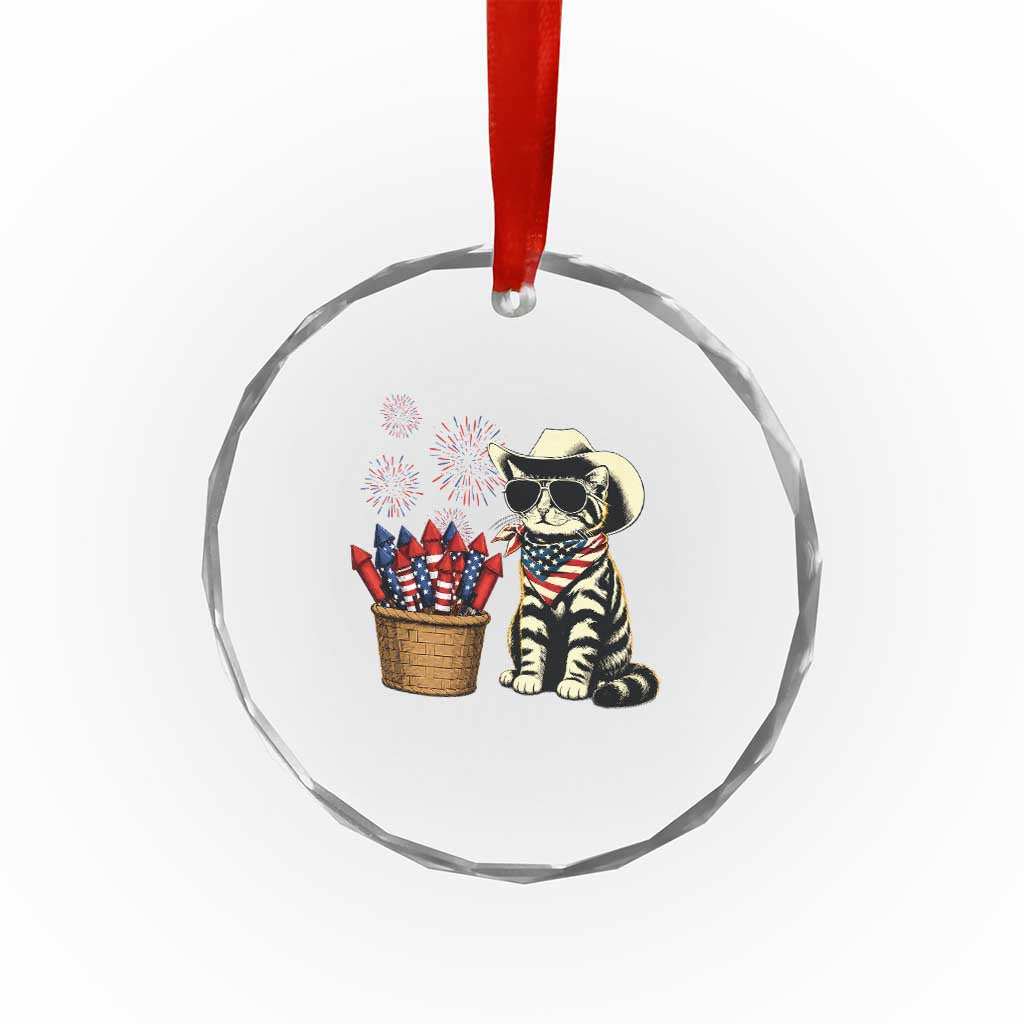 Patriotic Cowboy Cat Crystal Glass Ornament 4th Of July Fireworks Celebration