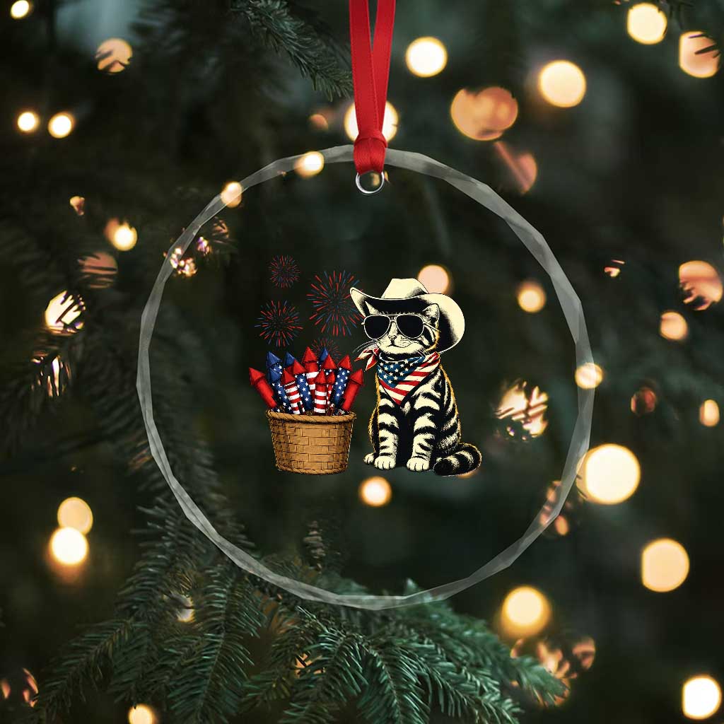Patriotic Cowboy Cat Crystal Glass Ornament 4th Of July Fireworks Celebration