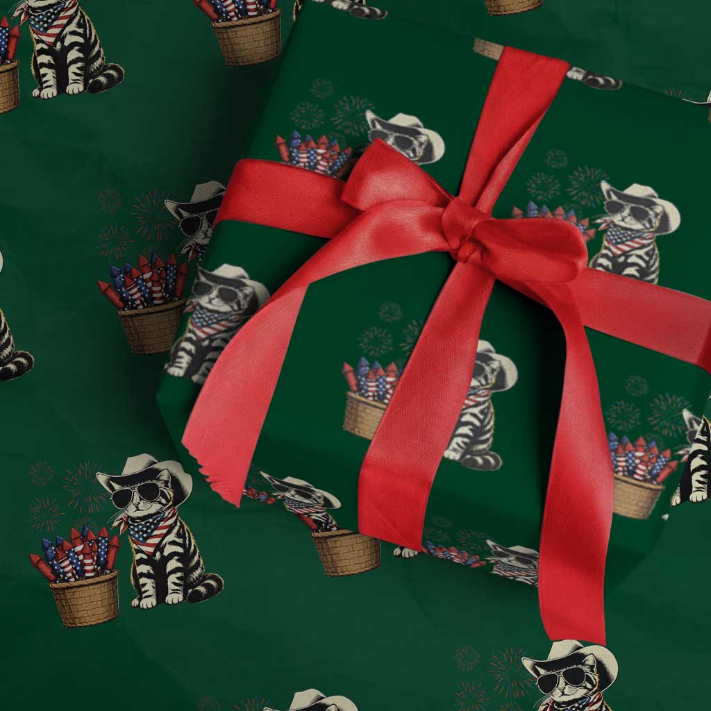 Patriotic Cowboy Cat Wrapping Paper Roll 4th Of July Fireworks Celebration TS12 Green Print Your Wear