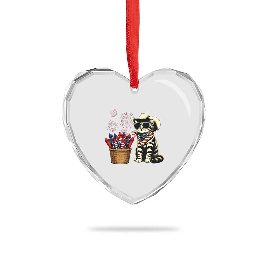 Patriotic Cowboy Cat Heart Crystal Glass Ornament 4th Of July Fireworks Celebration