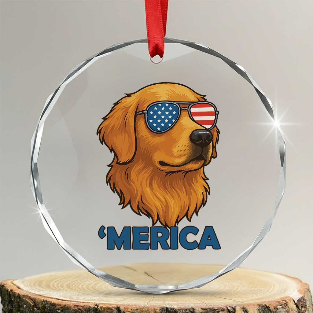 Patriotic Dog 'Merica Crystal Glass Ornament Golden Retriever Sunglasses Funny 4th Of July TS02 Transparent Glass 3'' Circle Print Your Wear