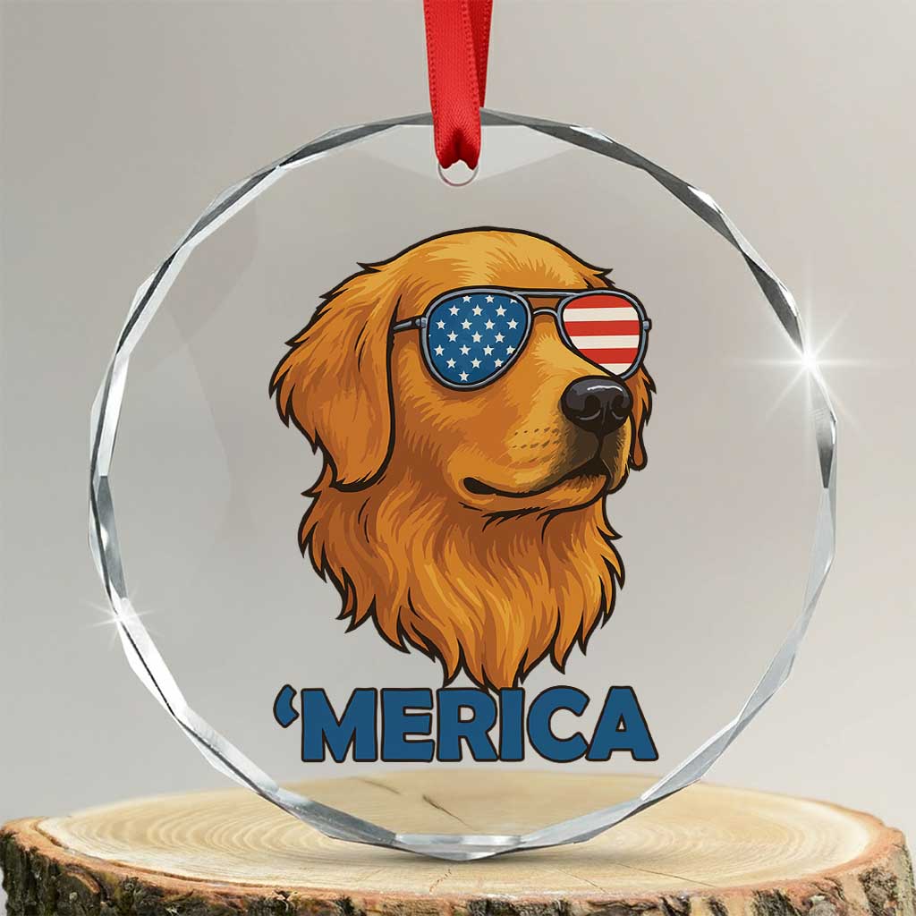 Patriotic Dog 'Merica Crystal Glass Ornament Golden Retriever Sunglasses Funny 4th Of July - Print Your Wear