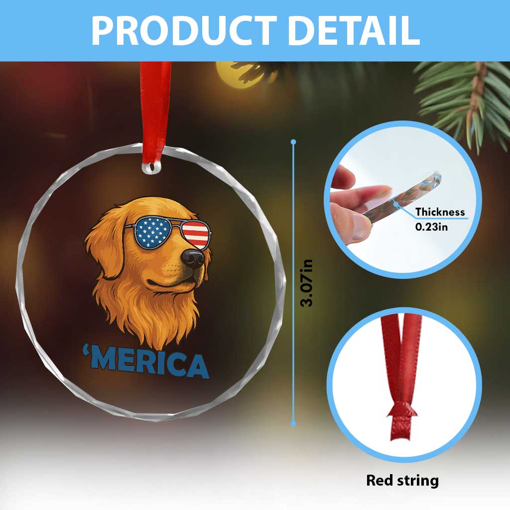 Patriotic Dog 'Merica Crystal Glass Ornament Golden Retriever Sunglasses Funny 4th Of July TS02 Print Your Wear